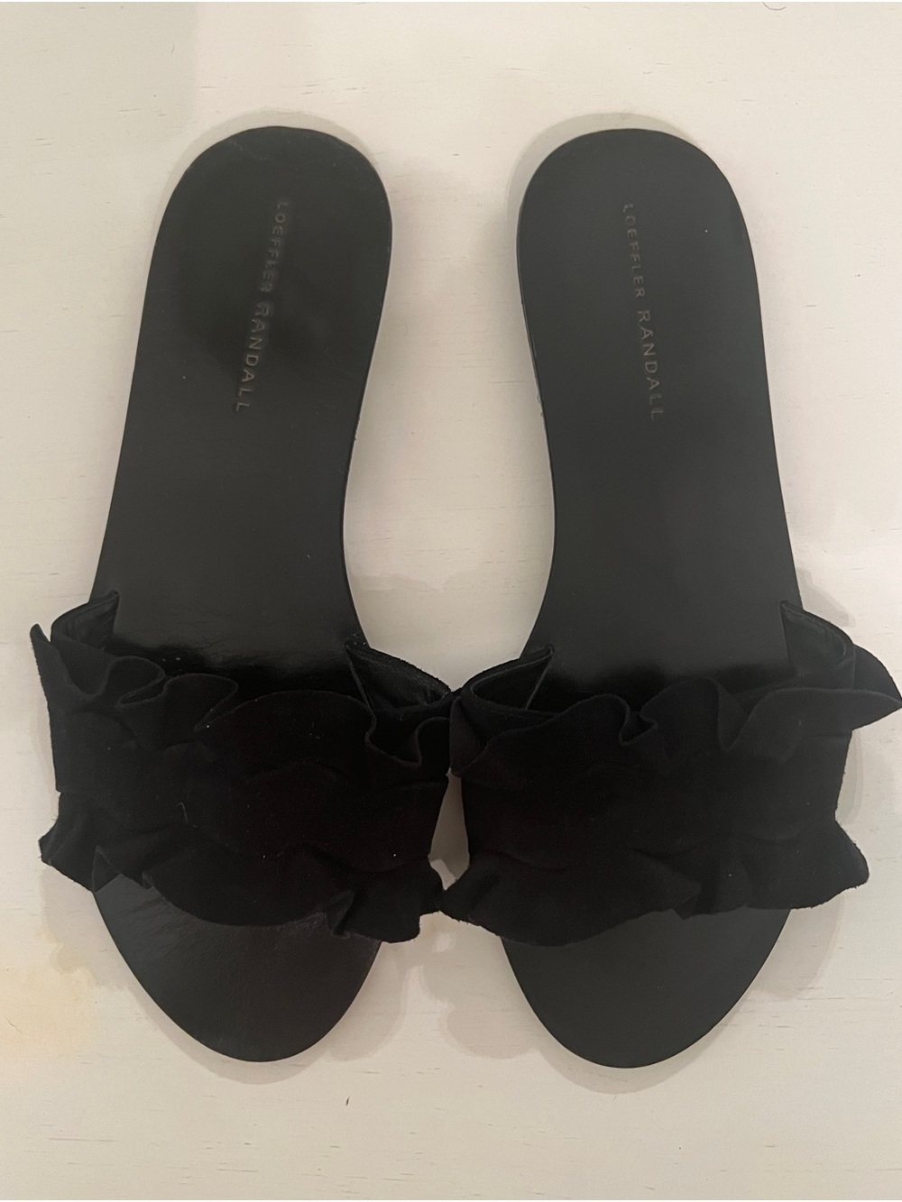 Loeffler Randall Birdie Black Suede Ruffle Slides - Size 9.5